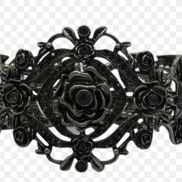 Gunmetal Gray Rose Filigree Stretch Cuff Vintage 80's Bracelet - Picture 2 of 6